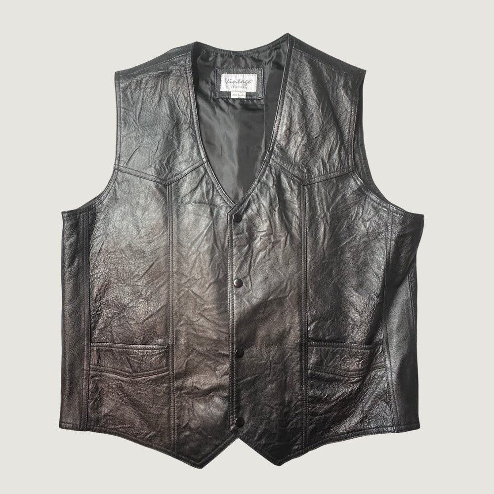 Vintage Leather Vest Mens 2XL Black Snap Front Biker Western Genuine Leather